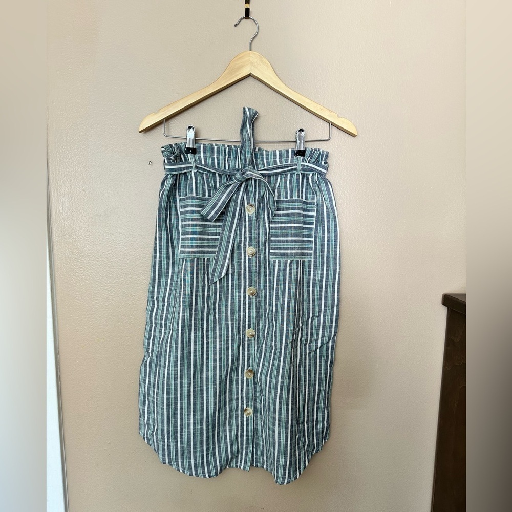Blue Rain Faux Button Striped Midi Skirt Blue Green SZ S Tie Elastic Waist